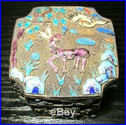 Old Chinese Deer Silver Cloisonne Repousse Enamel Cricket Opium Jar Box