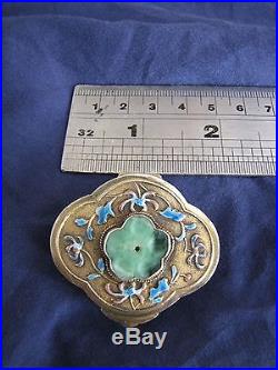 Old Chinese Export Silver Gilt Enamel Closionne Filigree Jade Pill Snuff Box