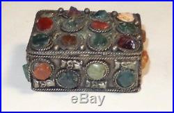 Old Chinese Hand Made Semi Precious Stones Silver Trinket Jar Pill Box