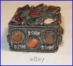 Old Chinese Hand Made Semi Precious Stones Silver Trinket Jar Pill Box