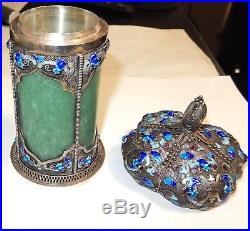 Old Chinese Silver Cloisonne Enamel Bat Design Jade Canister Caddy Jar Box