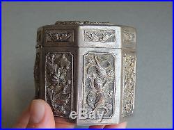 Old Chinese Silver Repousse Tea Caddy Opium Jar Box