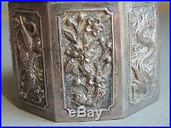 Old Chinese Silver Repousse Tea Caddy Opium Jar Box