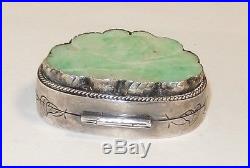 Old Chinese Silver White & Emerald Green Jade Butterfly Trinket Pill Box