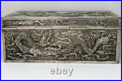 Old Chinese Sterling Silver Embossed Dragon Jewelry Box Signed