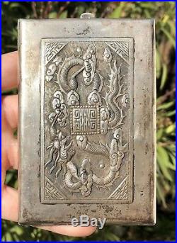 Old Chinese Sterling Silver Repoussé Dragon Symbol Cigarette Compact Case Box