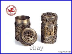 Old Chinese cylindrical silver metal alloy boxes with Dragons and Phoenixes