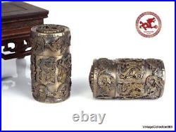 Old Chinese cylindrical silver metal alloy boxes with Dragons and Phoenixes