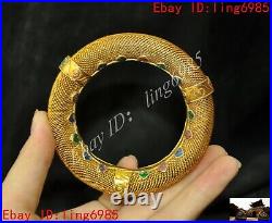 Old Chinese dynasty silver Filigree inlay 24k gold Gilt gem bracelet hand ring