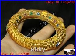 Old Chinese dynasty silver Filigree inlay 24k gold Gilt gem bracelet hand ring