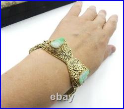 Old Chinese gold plate silver filigree & carved jade GuanYin bracelet W box