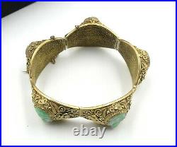 Old Chinese gold plate silver filigree & carved jade GuanYin bracelet W box