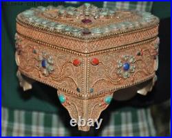 Old Chinese silver Filigree Gilt mosaic gem Heart-shaped jewelry box case boxes