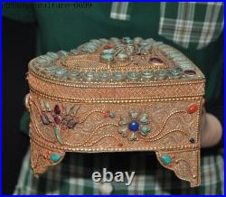 Old Chinese silver Filigree Gilt mosaic gem Heart-shaped jewelry box case boxes