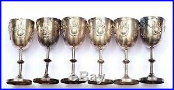 Old Set 6 Chinese Export Solid Silver Dragon Wine Cordial Goblet Cup Box Mk