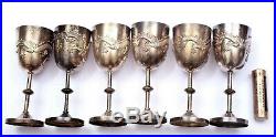 Old Set 6 Chinese Export Solid Silver Dragon Wine Cordial Goblet Cup Box Mk