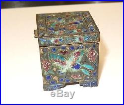 Old Silver Gilt Cloisonne Repousse Enamel Chinese Butterfly Stamp Jar Box