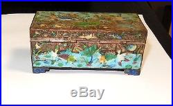 Old Silver Gilt Cloisonne Repousse Enamel Chinese Koi Fish In Pond Stamp Jar Box