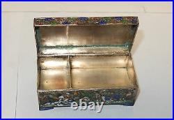 Old Silver Tone Cloisonne Repousse Enamel Chinese Bird Double Side Stamp Jar Box