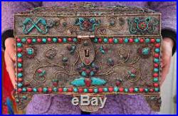 Old chinese silver Wire inlay Turquoise Coral Cultural Relic storage box Boxes A