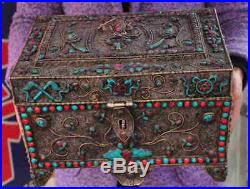 Old chinese silver Wire inlay Turquoise Coral Cultural Relic storage box Boxes A