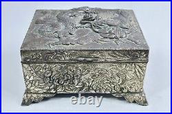 Oriental Silver Metal Box decorated Dragons and Chrysanthemum, C20th