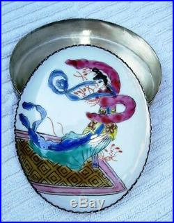 Oval Chinese Silver & Figural Female Porcelain Lidded Domed Box 4.5