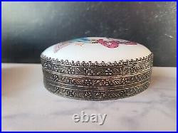Oval Chinese Silver & Figural Female Porcelain Lidded Domed Box 4.5