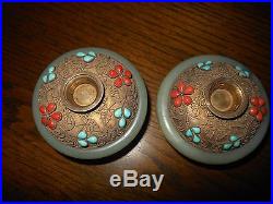 PAIR CHINESE LIDDED BOX SIGNED SILVER & with JADE, & TURQUOISE & CORAL STONES