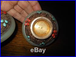 PAIR CHINESE LIDDED BOX SIGNED SILVER & with JADE, & TURQUOISE & CORAL STONES