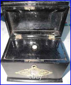 PRIZE ANTIQUE TEA CADDY c1850 Gilded Black Chinoiserie MOP Inlay 5.5x4.5x3.5