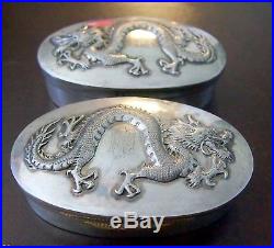 Pair 19c Chinese Dragon 900 Silver Boxes Rare Design 619.8 Grams Or 19.930 Toz