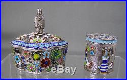 Pair Amazing Quality Chinese Asian Export Silver & Enamel Boxes Figural Buddha