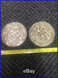 Pair Antique Chinese Silver Repousse Dragon Compact Box Old China Export