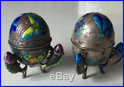Pair Chinese Export Enamel on Sterling Silver Egg Form Box or Snuff Box