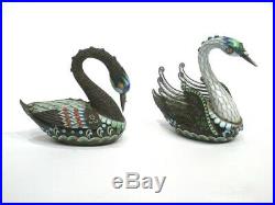 Pair Chinese Silver Filigree and Cloisonne Enamel Swan Boxes