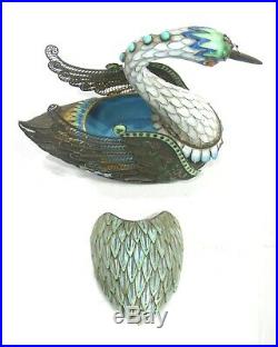 Pair Chinese Silver Filigree and Cloisonne Enamel Swan Boxes