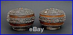 Pair Exceptional Antique Tibetan Mongolian Silver Tsampa Boxes Burlwood Chinese