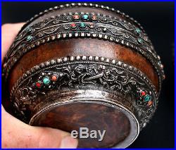 Pair Exceptional Antique Tibetan Mongolian Silver Tsampa Boxes Burlwood Chinese