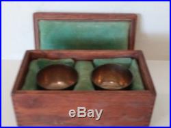 Pair Of Old Chinese Etched Metal Cups Signed Calligraphy In A Wooden Box
