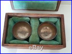 Pair Of Old Chinese Etched Metal Cups Signed Calligraphy In A Wooden Box