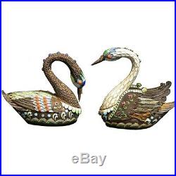 Pair Vintage Chinese Silver Filigree and Enamel Swan Boxes