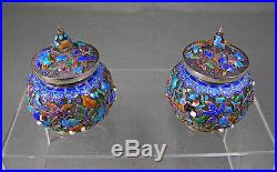 Pair of Amazing Quality Chinese Gold Washed Filigree Silver & Enamel Fish Boxes