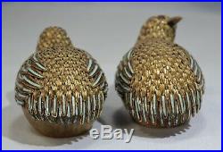 Pair of Chinese Export Sterling Gilt Silver Enamel Quail Birds Boxes