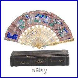 Perfect 19th C. Century Chinese Silver Filigree & Enamel Quality Fan With Box