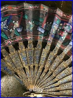 Perfect 19th C. Century Chinese Silver Filigree & Enamel Quality Fan With Box