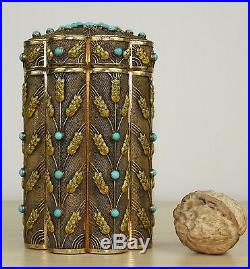 Perfect exceptional Chinese SILVER BOX gild turquoise wheat enamel 380g H 13 CM
