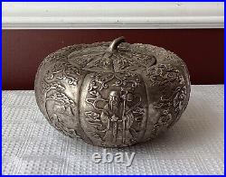 Qing Era Chinese Silver Plate Repoussé Pumpkin Covered Bowl, Da Qing Qianlong M