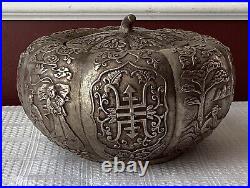 Qing Era Chinese Silver Plate Repoussé Pumpkin Covered Bowl, Da Qing Qianlong M