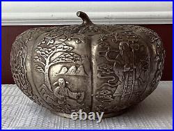 Qing Era Chinese Silver Plate Repoussé Pumpkin Covered Bowl, Da Qing Qianlong M